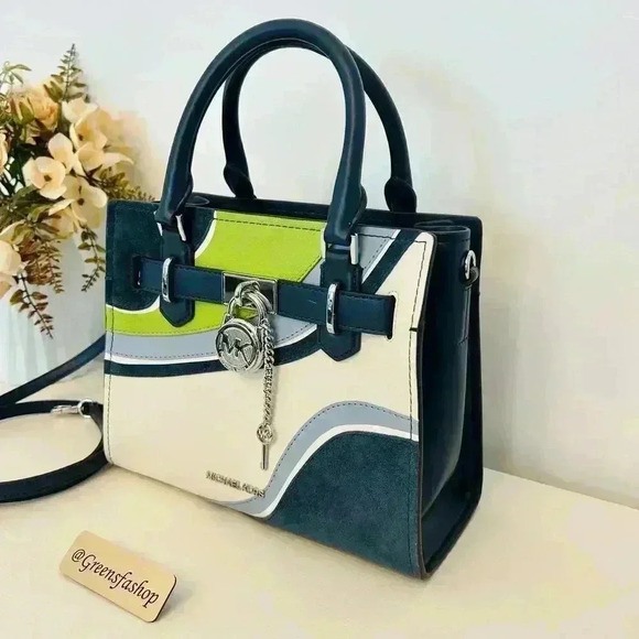 Michael Kors Purse Hamilton Satchel Crossbody Navy Multi - Picture 1 of 9